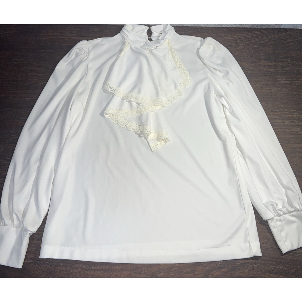 Vintage Gigi Victorian Style Blouse Size Small High Neck Lace Trim Puff Sleeve